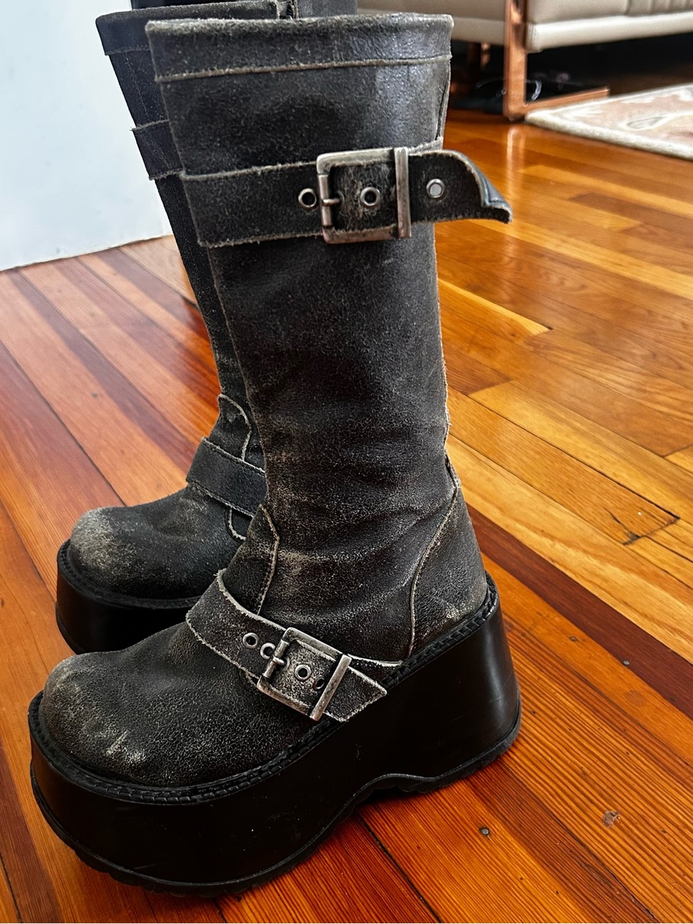 Platform Mid-Calf Buckle Boots in Distressed Black